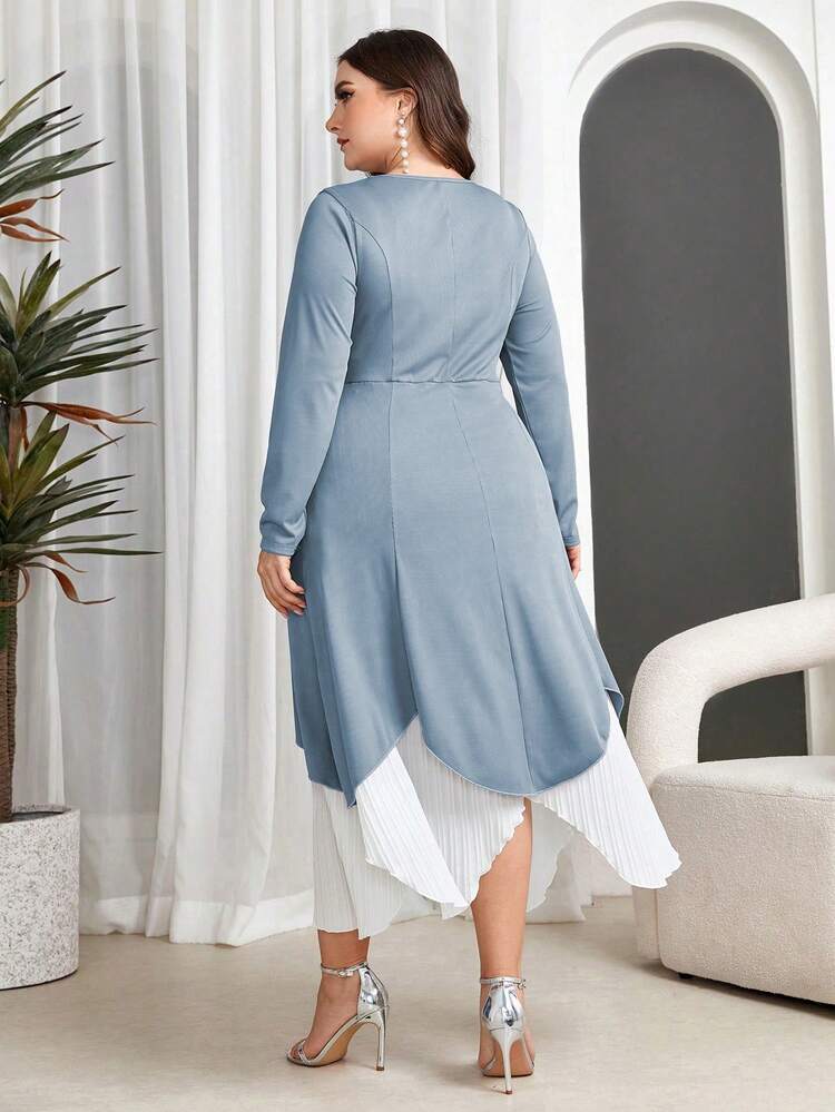 Plus Size Color Block Round Neck Elegant Asymmetric Hem Midi Dress