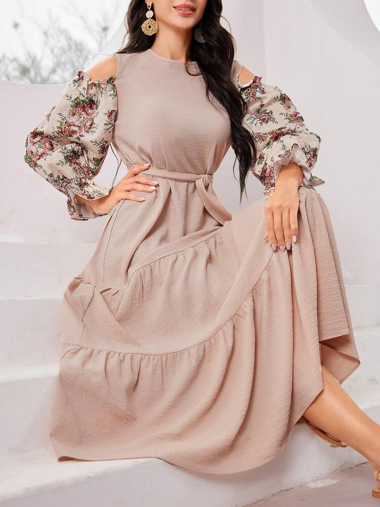 Women's Round Neckline Cold Shoulder Lantern Sleeves Belted Arabic Style Casual Dress