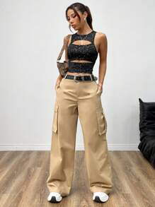 SHEIN EZwear Camiseta De Tirantes De Cuello Redondo Con Estampado Completo Hueco Vintage - Blanco y Negro - Ver 3