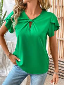 SHEIN Clasi Women's Solid Color Petal Sleeves Casual Shirt - Green - View 3