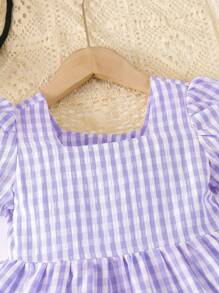 SHEIN Cô gái trẻ Gingham in tay bong bóng & váy viền xù - Màu tím - Xem 5