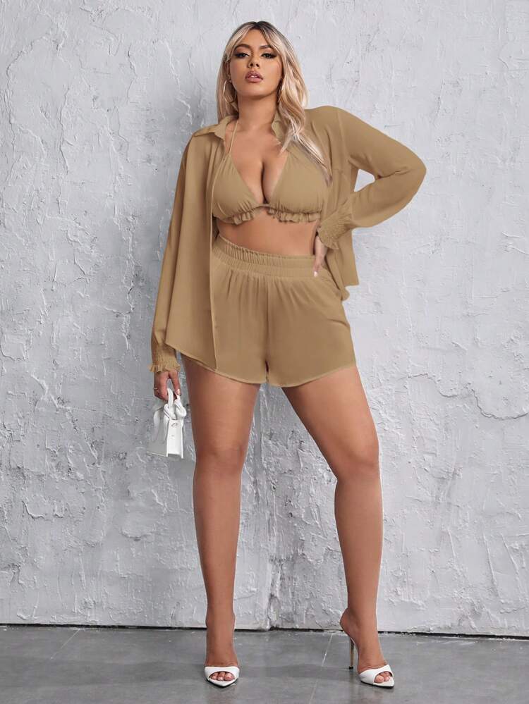 Women Fashionable Summer Lightweight Solid Color Comfortable Plus Size Two-Piece Set