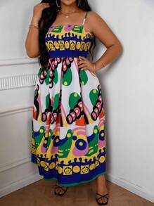 SHEIN VCAY 大尺寸復古印花細肩帶夏日假日連衣裙 - 彩色 - 查看 4