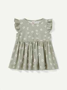 花紋實色圓領連身裙配彈性腰帶呢褲，帶流蘇邊，寶寶女孩兩件套裝 - 彩色 - 查看 7