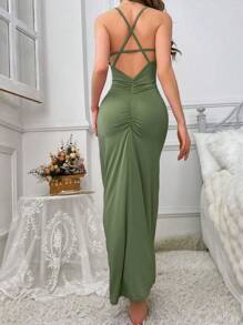 Solid Slim Fit Backless Cami Dress For Home Wear, Long Dress - Green - View 2