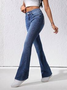 Women's Wide Leg Jeans With Feather Pattern And Pockets
