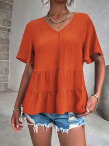 SHEIN LUNE Ladies" Solid Color V-Neck Ruffle Sleeve Casual Short Sleeve Shirt For Spring And Summer Peplum Top - Burnt Orange - View 3