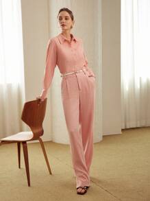 MOTF PREMIUM Pantalones Anchos De Lino Sólido Con Cremallera En Color Liso Para Traje - Rosa coral - Ver 6