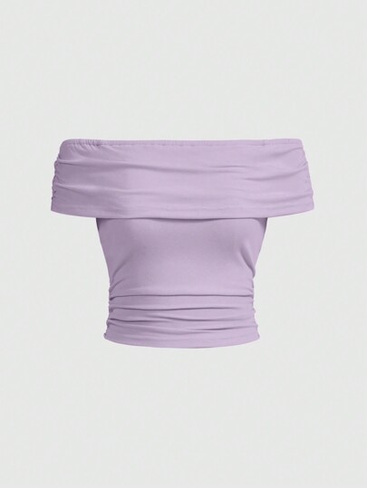 Off-Shoulder Wrinkled Fitted T-Shirt For Summer Casual Wear