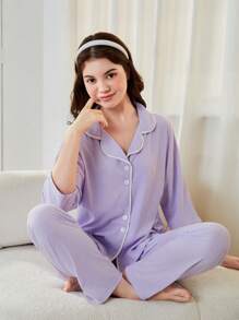 Teen Girl Spring/Summer New Simple Casual Contrast Trim Short Sleeve Shirt And Pants Pajama Set