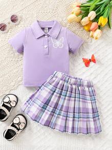 Baby Girl Lovely Academy Style Polo Shirt Top Butterfly Pattern & Plaid Skirt Set Spring Summer Fashion - Purple - View 1