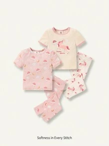 Cozy Pixies Baby Girl Snug Fit Pajama Set With Unicorn Rainbow Pattern Round Neck Short Sleeves Top And Pants, Homewear Matching Set