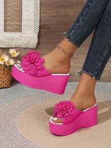 Women's Summer Floral Print Platform Wedge Sandals With Bright Colors,Travel Essential - Hot Pink - View 7