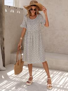 SHEIN LUNE 波西米亞風格迷妹花短袖荷葉邊中長裙