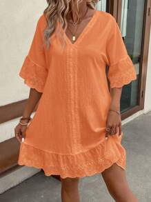 EMERY ROSE 女士白色連衣裙，採用不同款式的蕾絲拼接領口和袖口，底擺有褶邊裝飾 - 橘色 - 查看 4