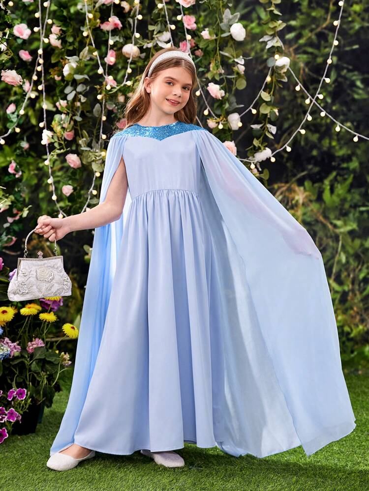 Tween Girl Round Neck Accessory Shiny Shawl Pleated Waist Flowy Dress