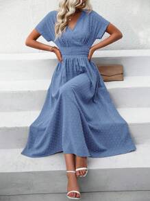 SHEIN LUNE 假期實色細節腰收長裙 - 藍色 - 查看 5