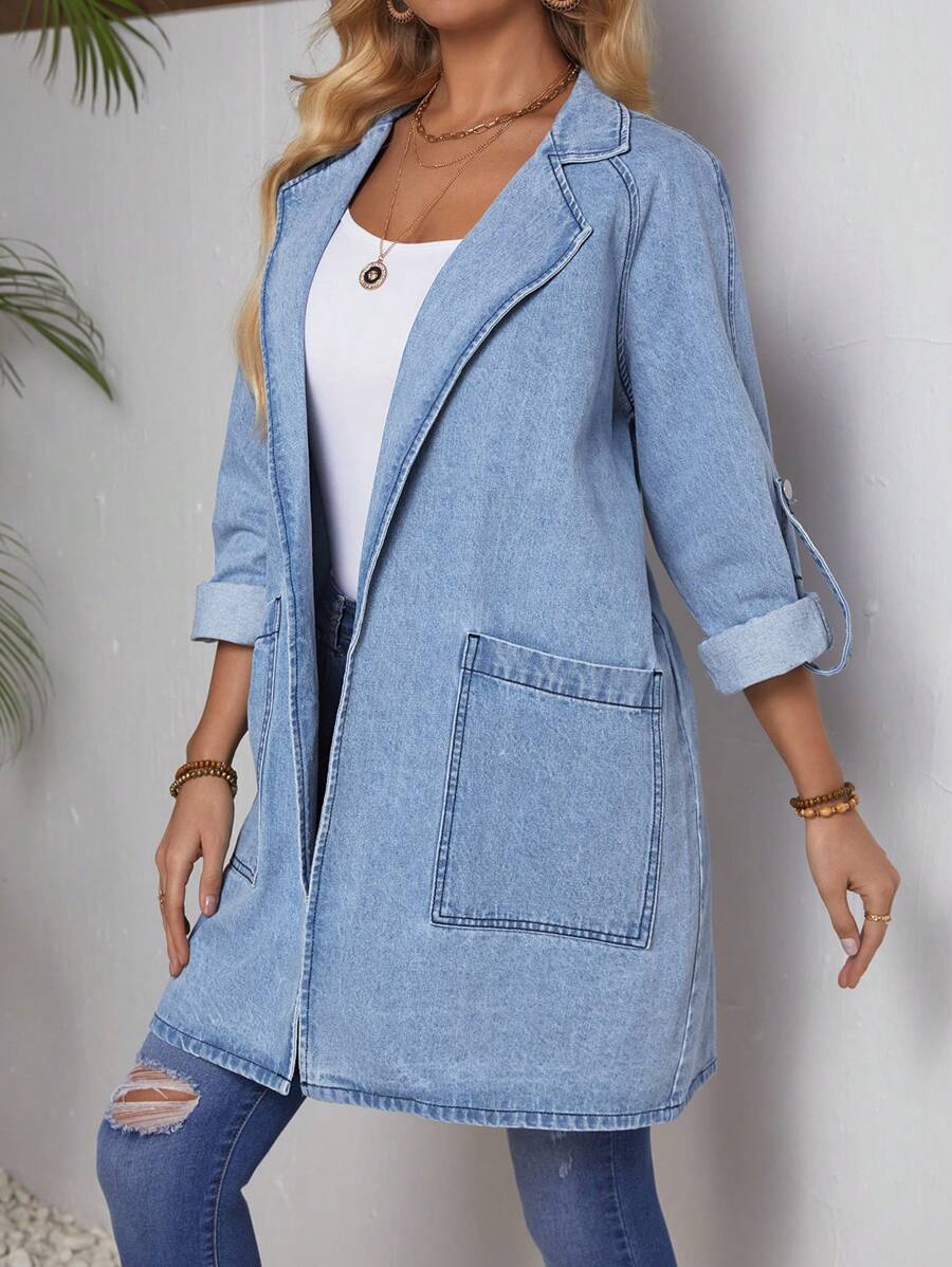 SHEIN LUNE Ladies' Simple Daily Lapel Denim Jacket - Blue - View 1