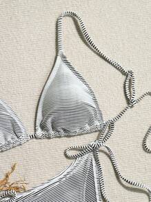 SHEIN Swim Summer Two-Piece Bikini Set With Spaghetti Strap, Back Tie, Separable - Black and White - View 3