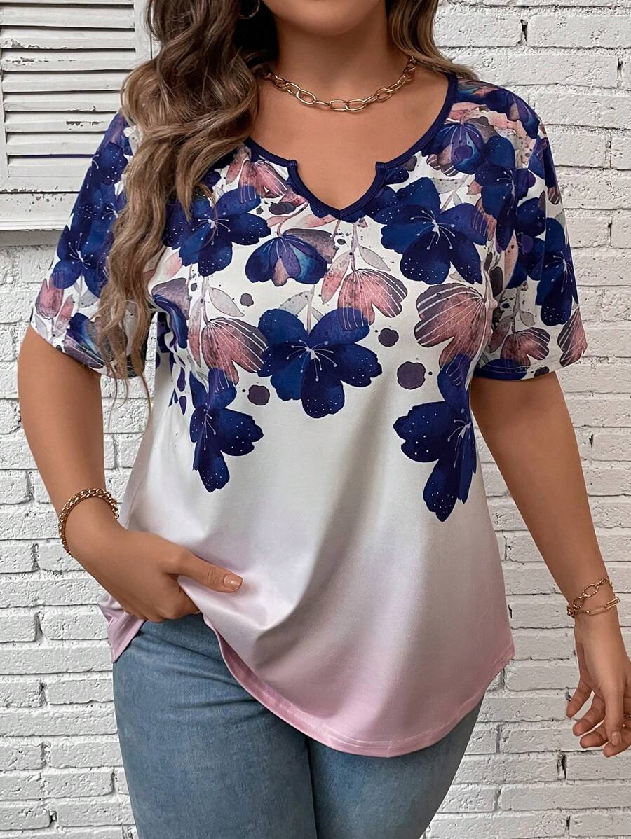 SHEIN LUNE Plus Size V-Neck Short Sleeve Floral Printed T-Shirt With Notched Neckline For Summer - Multicolor - View 1