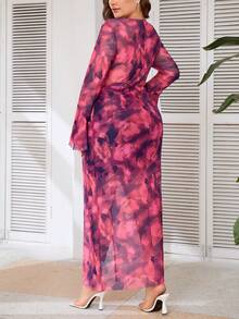 SHEIN Privé Talla Grande V-cuello Tie-dye Vestido De Mangas Acampanadas Con Cinturón Y Abertura - Rojo - Ver 2