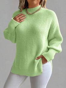 SHEIN LUNE Plus Size Women's Loose Sweater With Side Slit Hem - Green - View 5