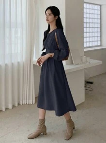DAZY 優雅純色長袖鈕扣系腰連身裙,適合春季穿著 - 寶藍色 - 查看 3