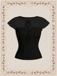 Vintamour Mesh Panel Ruffle Sleeve Round Neck Tee With Tie Summer Clothes Old Money Aesthetic Women Tops Teacher Tops Crew Neck Valentine Day Summer Bow Crop Tops Going Out Tops Women Birthday Outfits For Women Business Casual Woman Valentine's Day Cute Tops Lace Top Tops Valentine Day Summer Outfits For Women