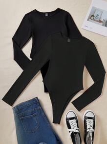 SHEIN Unity Body negro de cuello redondo y manga larga - Negro - Ver 1