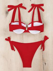 SHEIN Swim Conjunto de bikini unicolor para mujer con nudos simples en los hombros para la playa de verano - Rojo - Ver 6