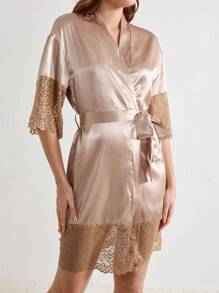 Women's Satin Lace Trimmed Belted Robe - Champagne - View 5