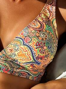 SHEIN Swim Women's Summer Beach Allover Printed V-Neck Bikini Top - Multicolor - View 3