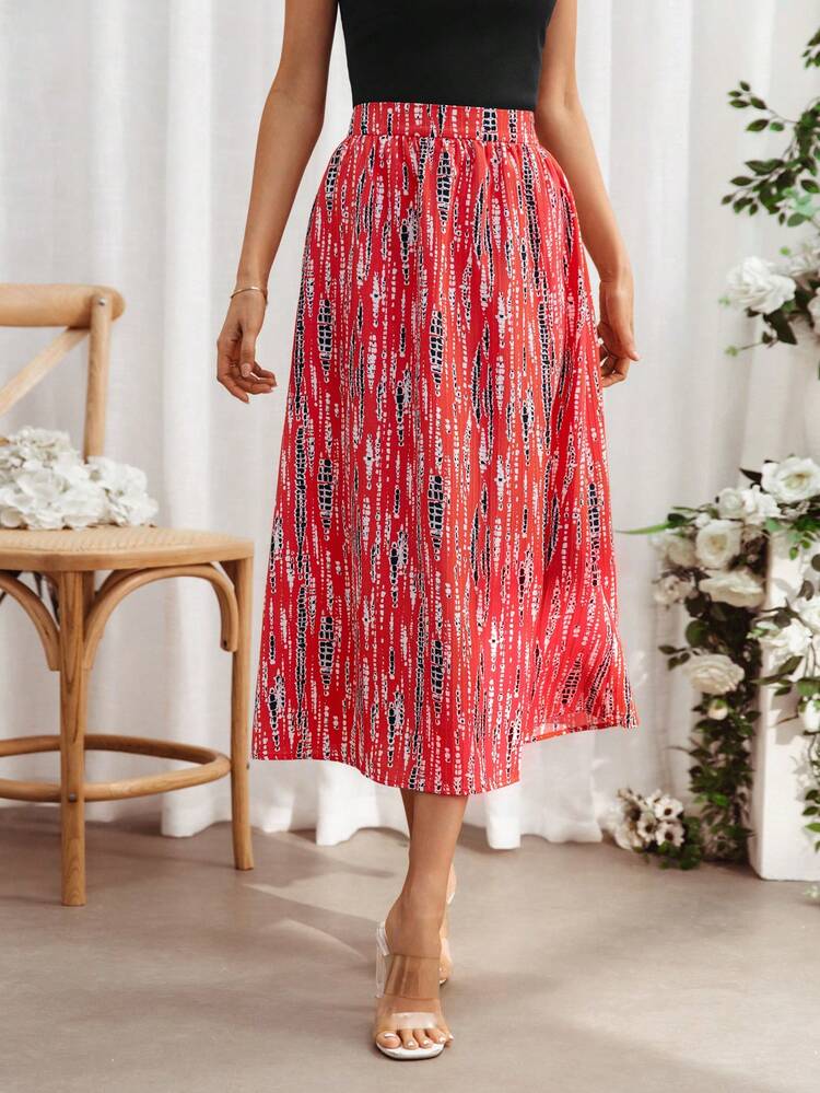 Women's Allover Print Slit Thigh High Skirt Christmas Winter New Year Red Casual