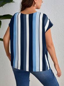 SHEIN Privé Plus Size Summer Striped Color Block Batwing Sleeve Blouse With V-Neck - Blue - View 2