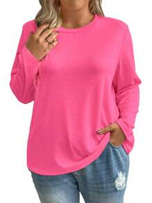 SHEIN LUNE Plus Size Women's Cerise Pink Solid Round Neck Loose Casual Long Sleeve T-Shirt,Autumn Vacation Minimalist Daily Commute Undershirt Top Fall - Hot Pink - View 4