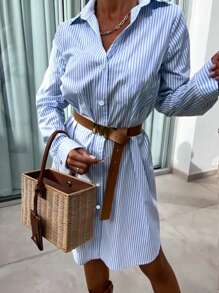 Ladies" Stylish Casual Comfortable Blue And White Striped Long Sleeve Shirt - Blue and White - View 4