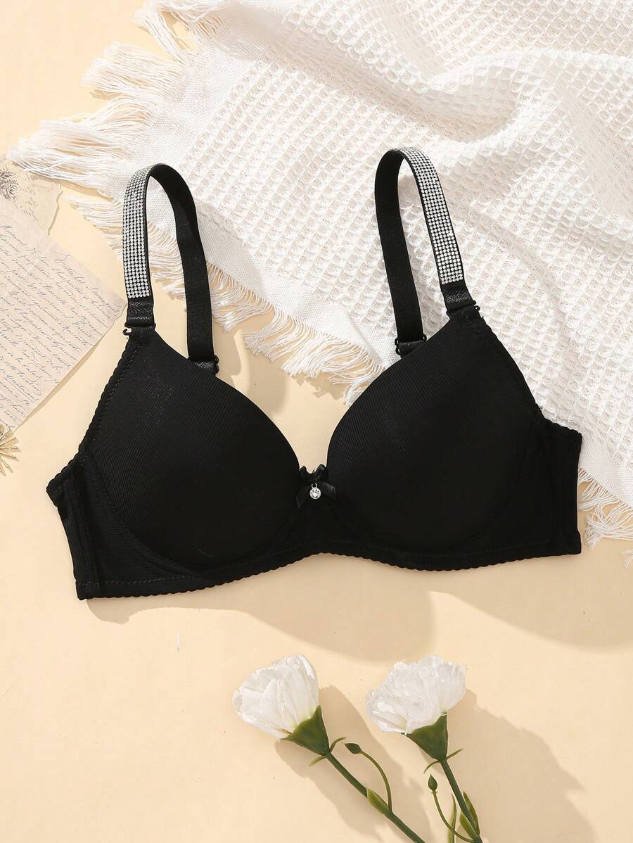 MidnightGlam Embellished Bra With Rhinestone Bow Knot And Underwire Bow Tie