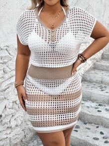 Flirla 中空街頭拼色大尺碼毛衣裙，適合春夏假期穿搭 - 彩色 - 查看 4