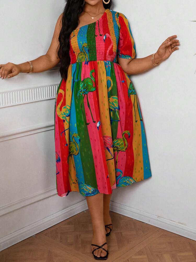 Plus Size Flamingo Printed One Shoulder Flounce Dress
