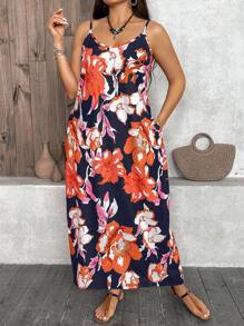 SHEIN LUNE Cộng với kích thước khối màu Cây và hoa in hình bóng váy dây đeo spaghetti hẹn hò thông thường - Nhiều màu - Xem 6