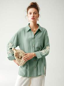 Anewsta Linen Blend Rose Print Vacation Shirt