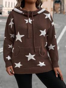 Calvaya Plus Size Women's Sweater With Starry Print And Drawstring Knit Pullover Fall Winter Autumn - Coffee Brown - View 3