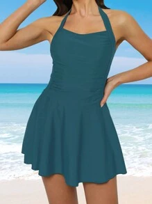SHEIN Swim 女士夏季沙灘基礎褶皺頸套裝泳裝連裙裝和泳裝底褲 - 水鴨藍 - 查看 1