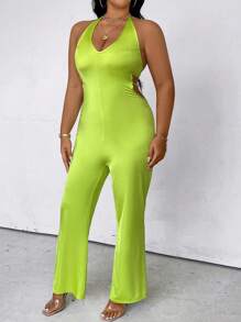 Maweii Plus Size Halter Neck Solid Color Sleeveless Jumpsuit With Backless Design - Green - View 4
