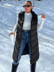 SHEIN Cottnline Solid  Zipper Double Pocket Hooded Quilted Vest - Black - View 6