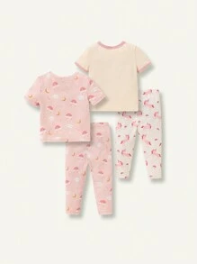 Cozy Pixies Baby Girl Snug Fit Pajama Set With Unicorn Rainbow Pattern Round Neck Short Sleeves Top And Pants, Homewear Matching Set