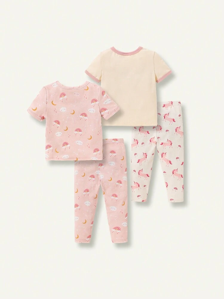 Baby Girl Snug Fit Pajama Set With Unicorn Rainbow Pattern Round Neck Short Sleeves Top And Pants, Homewear Matching Set