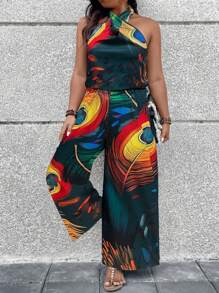 SHEIN LUNE Women's Plus Size Colorful Printed Open Shoulder 2pcs Set - Green - View 1