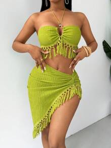 BamGleam 流苏装饰纹理针织面料吊带上衣和不对称下摆裙子套装打造性感海滩度假造型 - 綠色 - 查看 1