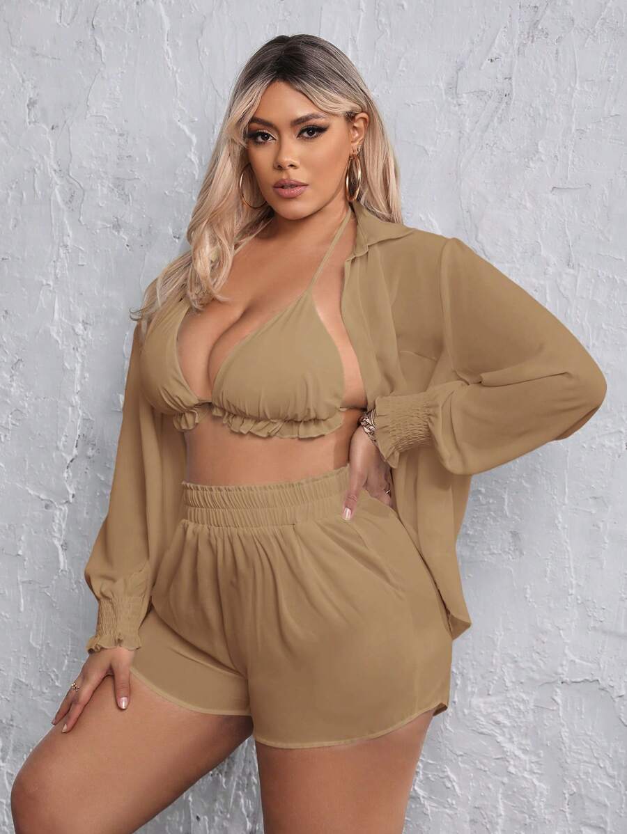SHEIN SXY Conjunto de dos piezas para mujer de moda de verano, tamaño grande, de color sólido, ligero y cómodo - Caqui - Ver 1